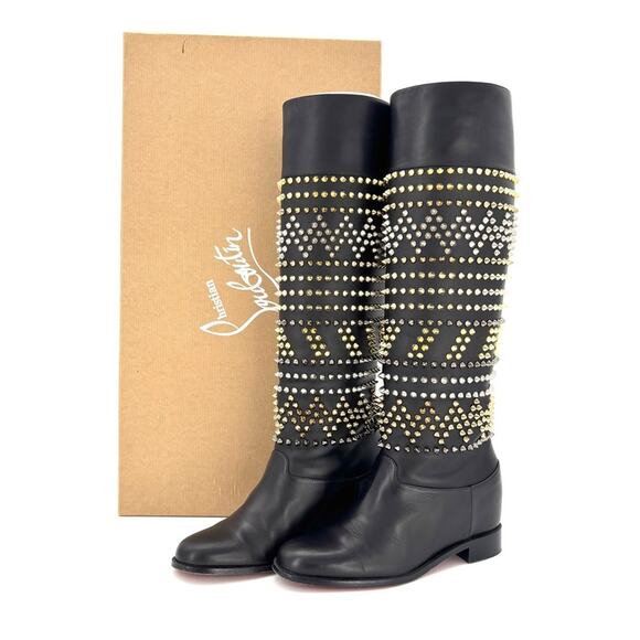 Christian Louboutin Rom Chic Flat Calf Spike Knee High Boots Women’s 37 Shoes - Picture 2 of 9